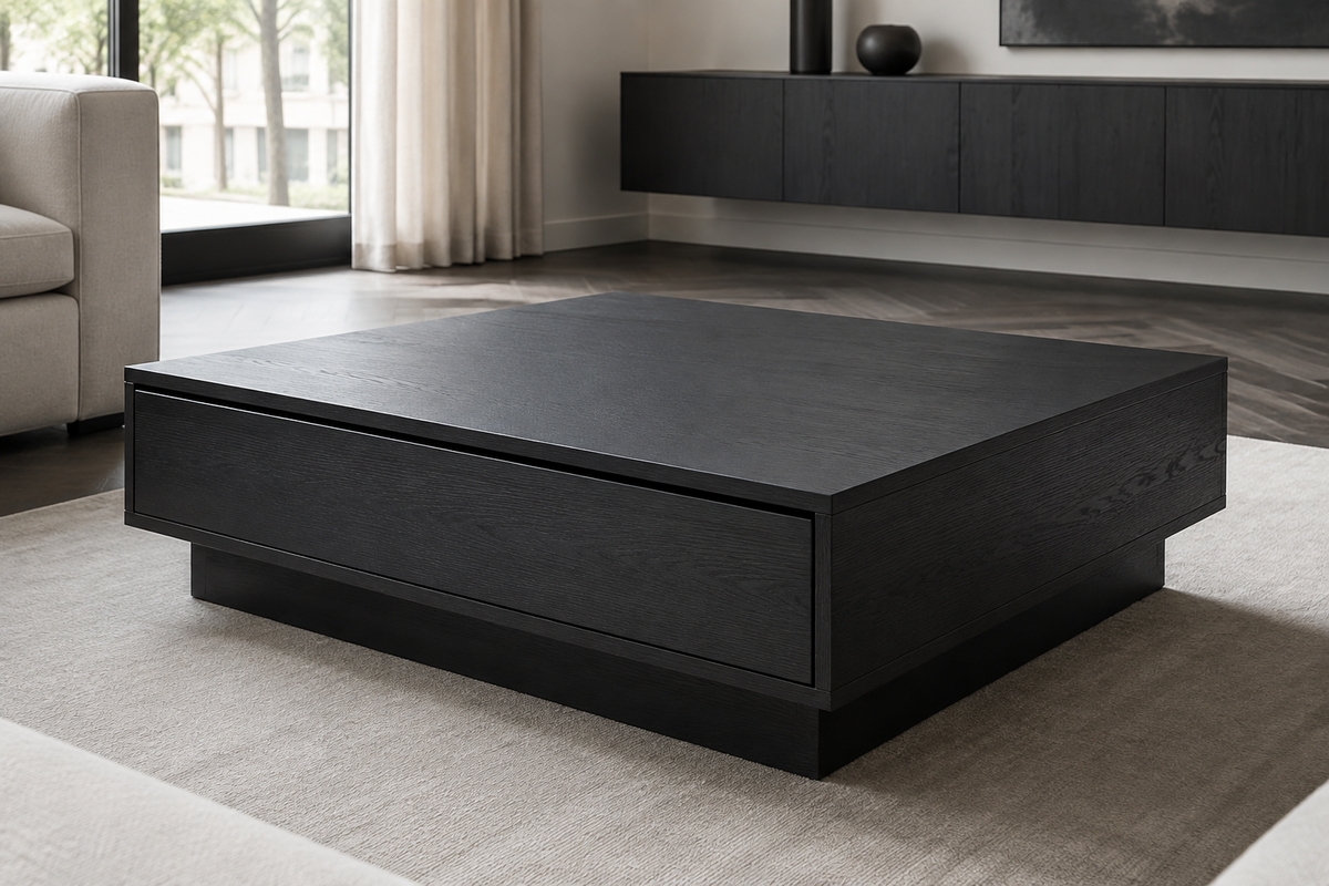 Manhattan charcoal oak square coffee table with concealed storage drawer and plinth base