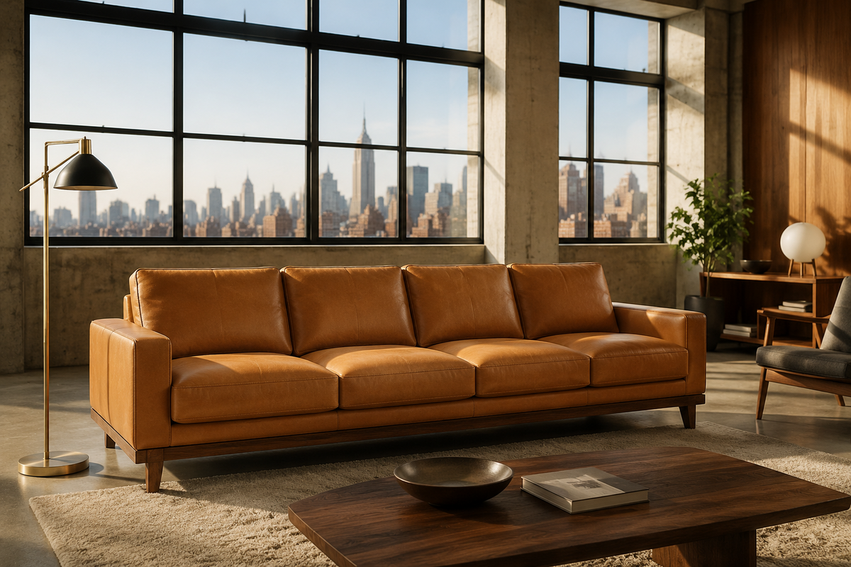 Manhattan cognac leather four-seater sofa in a modern loft