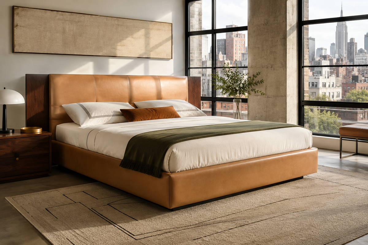 Manhattan tan upholstered and walnut panel bed in a modern loft bedroom