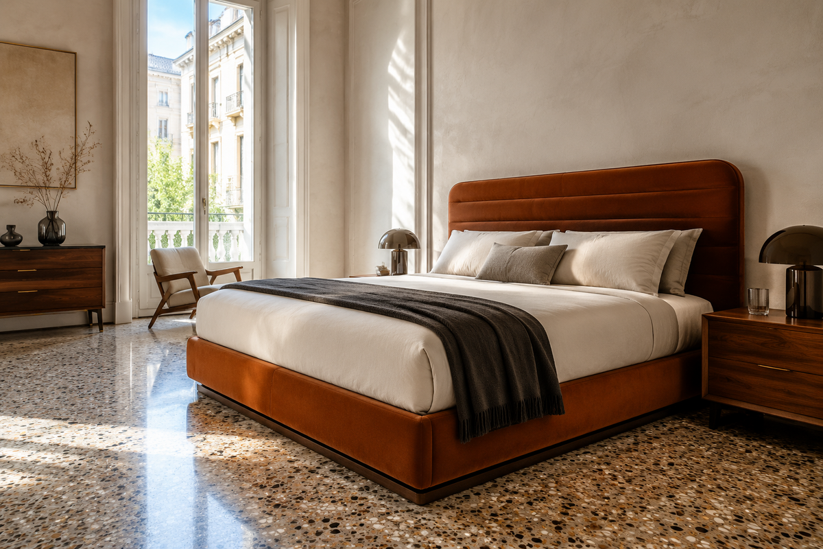 Milan channelled cognac upholstered bed in a European bedroom