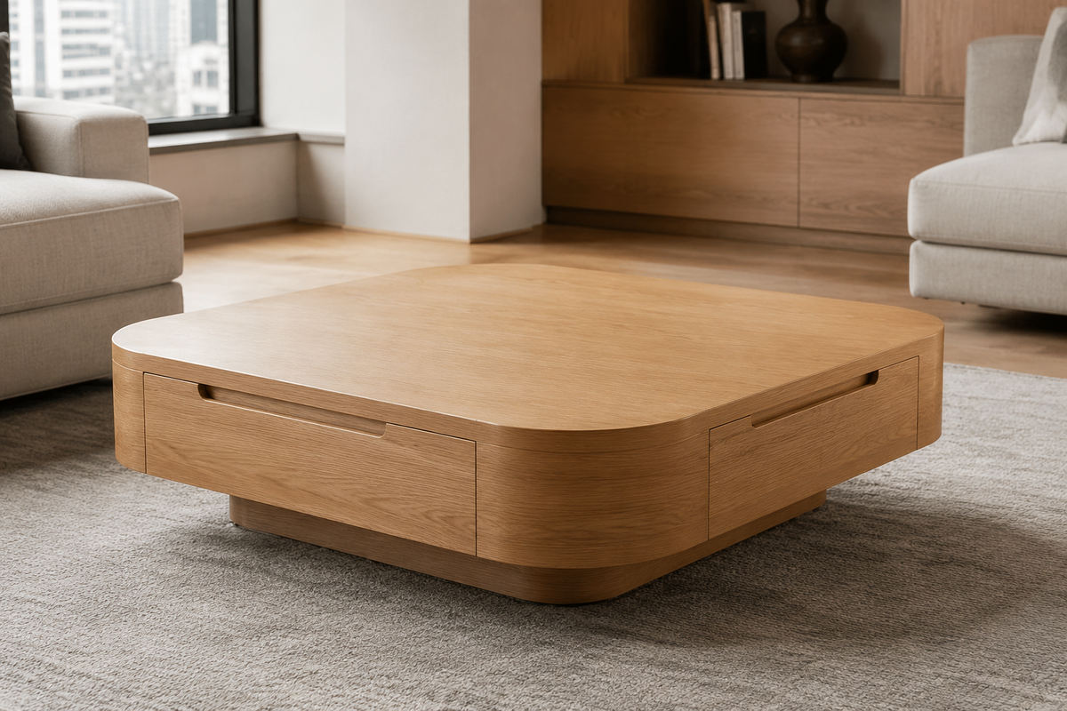 Milan rounded oak square coffee table with integrated drawers and plinth base