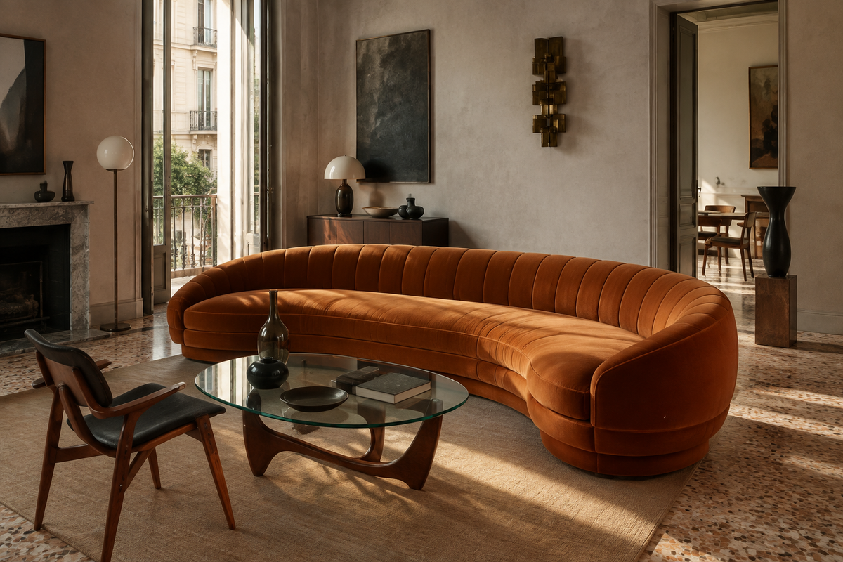 Milan rust velvet curved statement sofa in an elegant apartment
