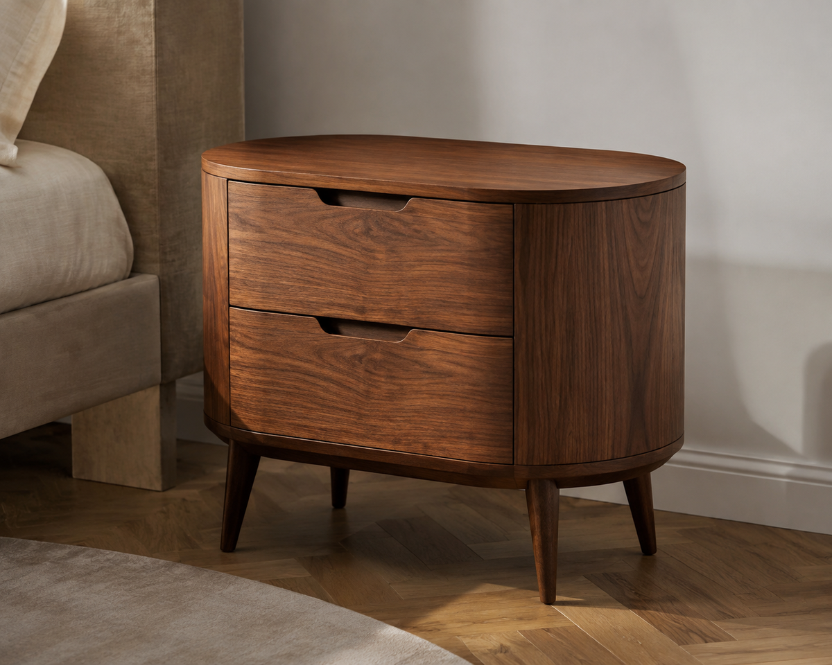 Milan walnut oval side table with two drawers and tapered legs