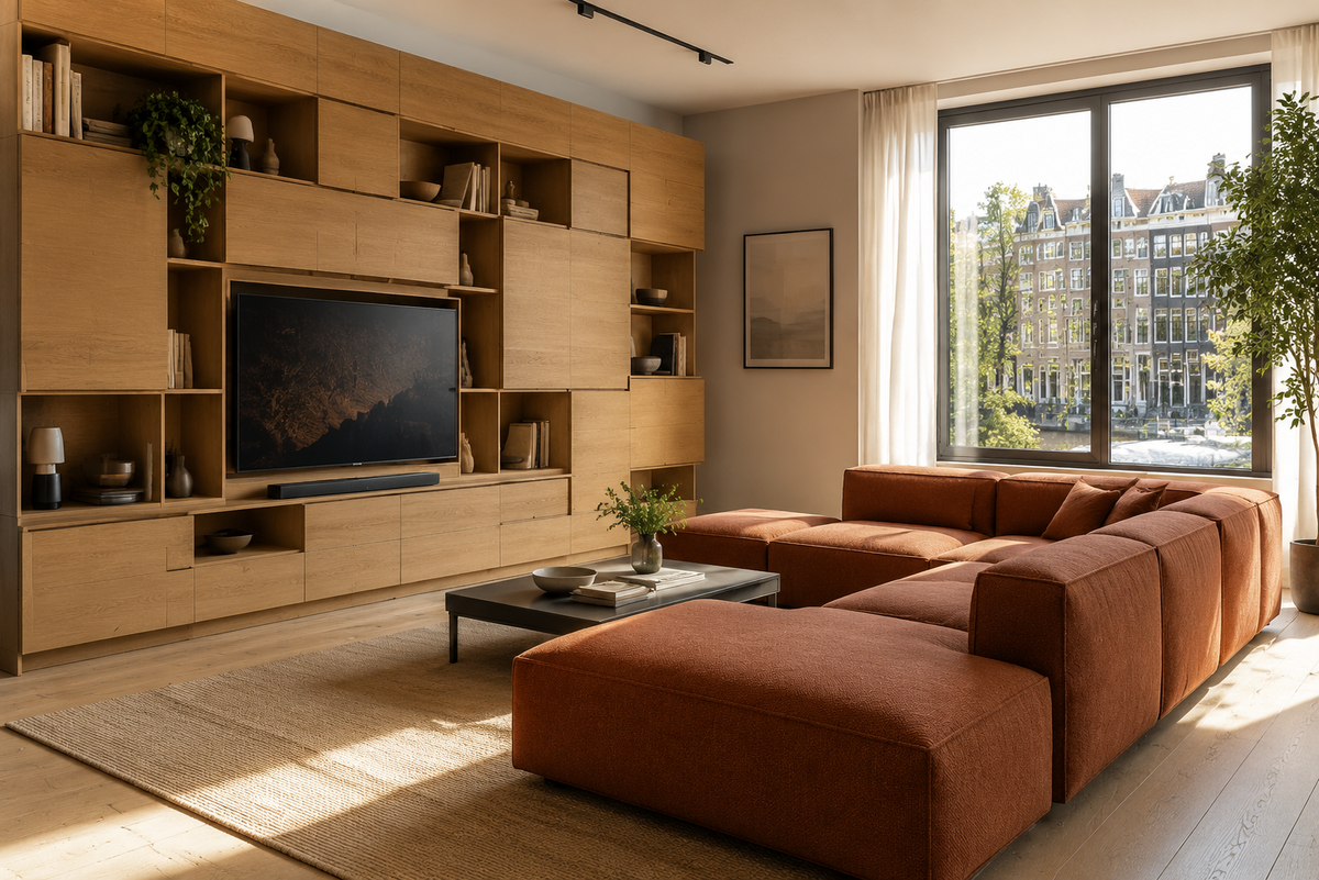 Mosaic geometric oak media wall