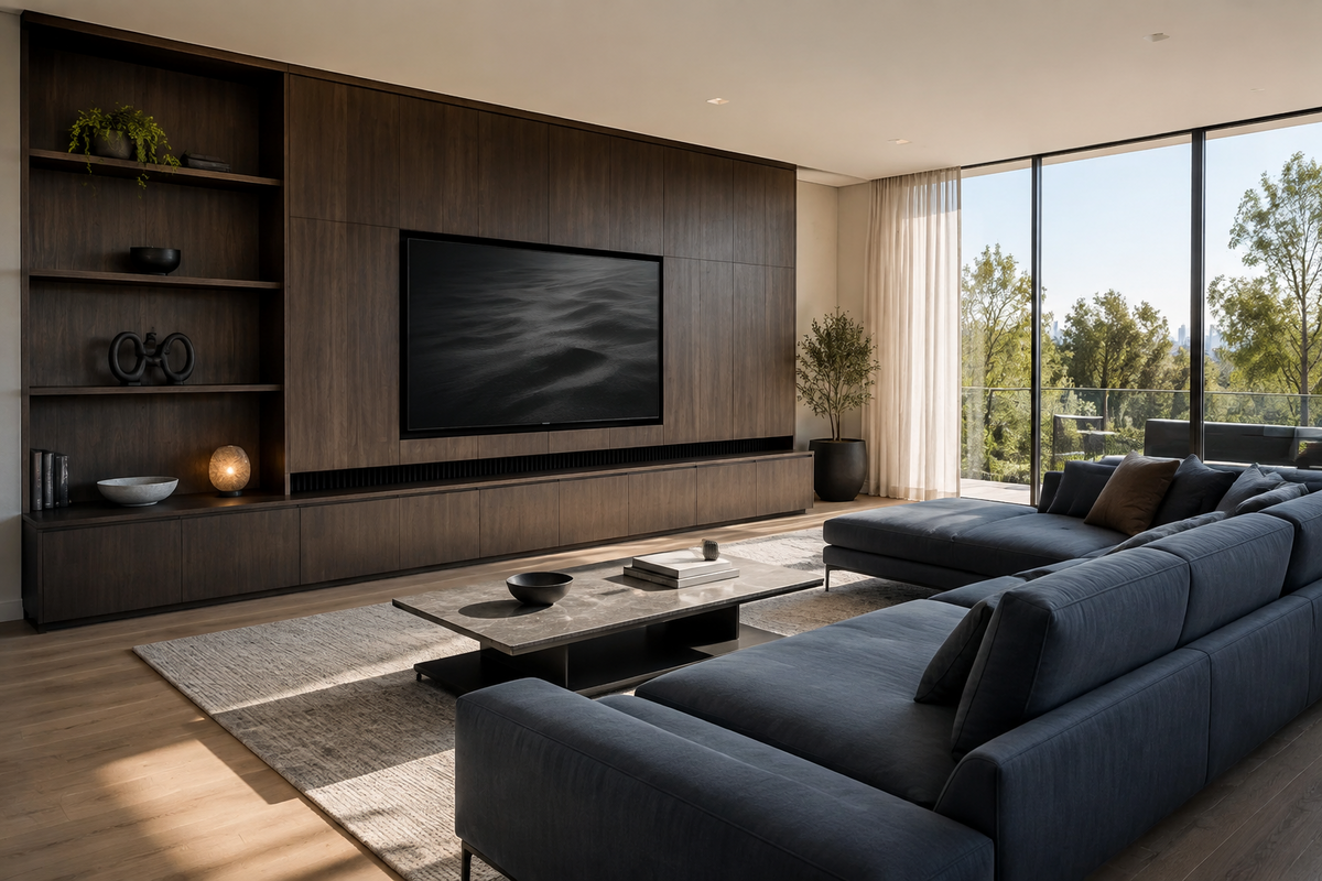 Nocturne smoked oak floating media wall