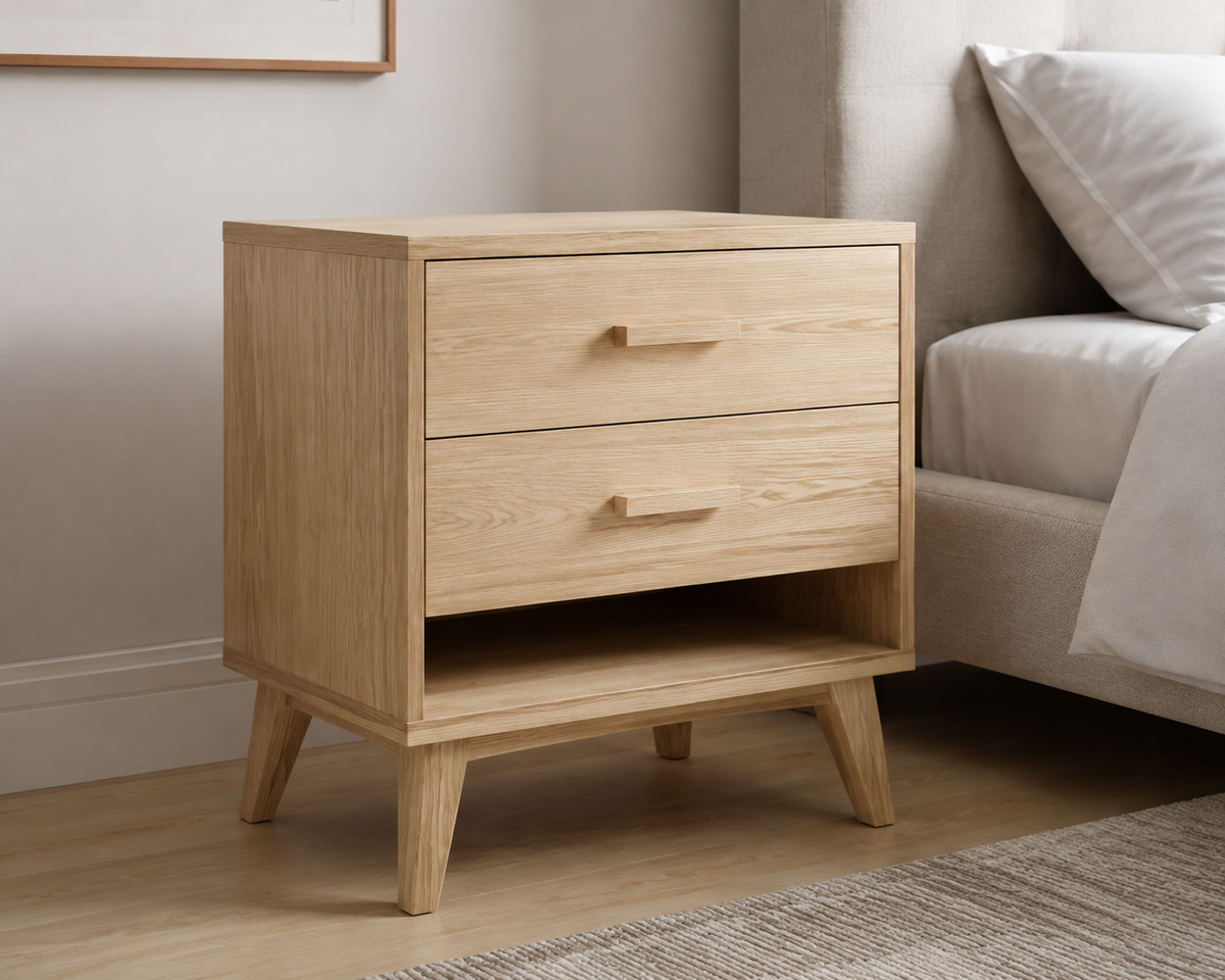 Oslo light oak side table with two drawers open shelf and tapered legs