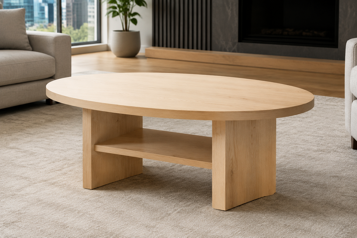 Oslo light oak oval coffee table with panel legs and central shelf