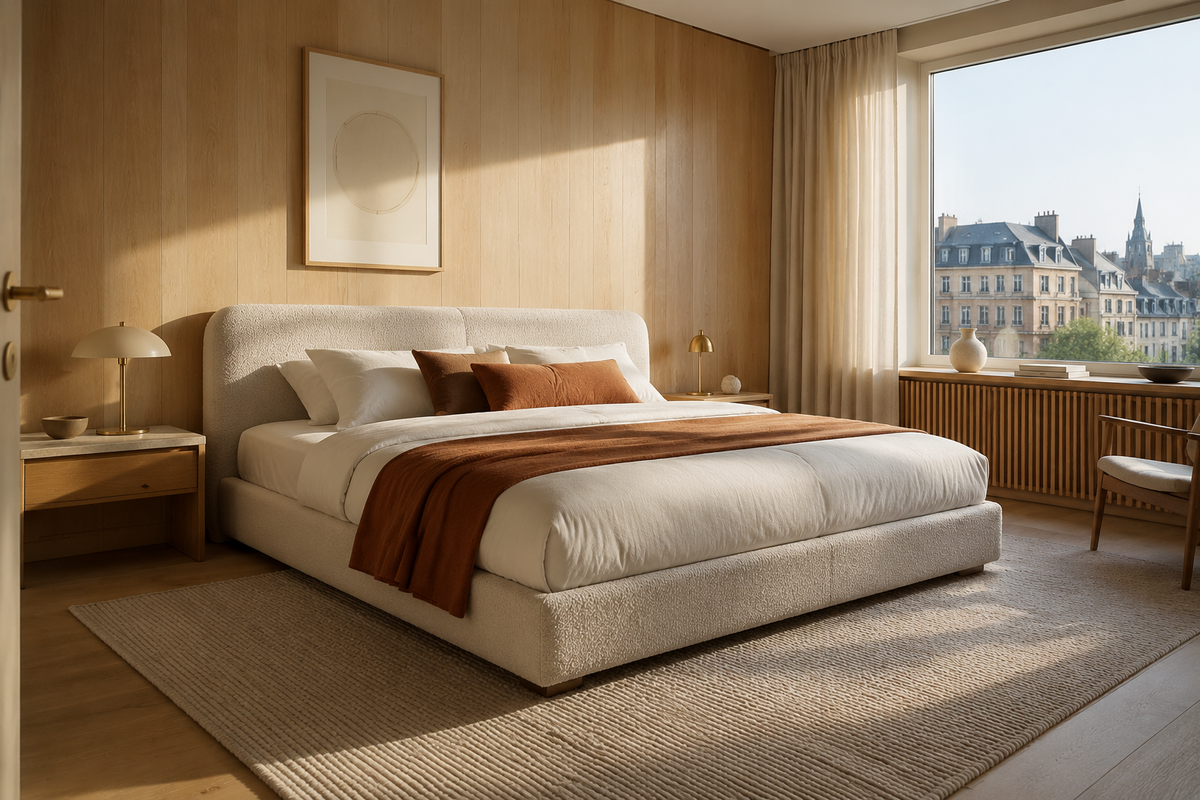 Paris ivory boucle low-profile bed in a warm contemporary bedroom