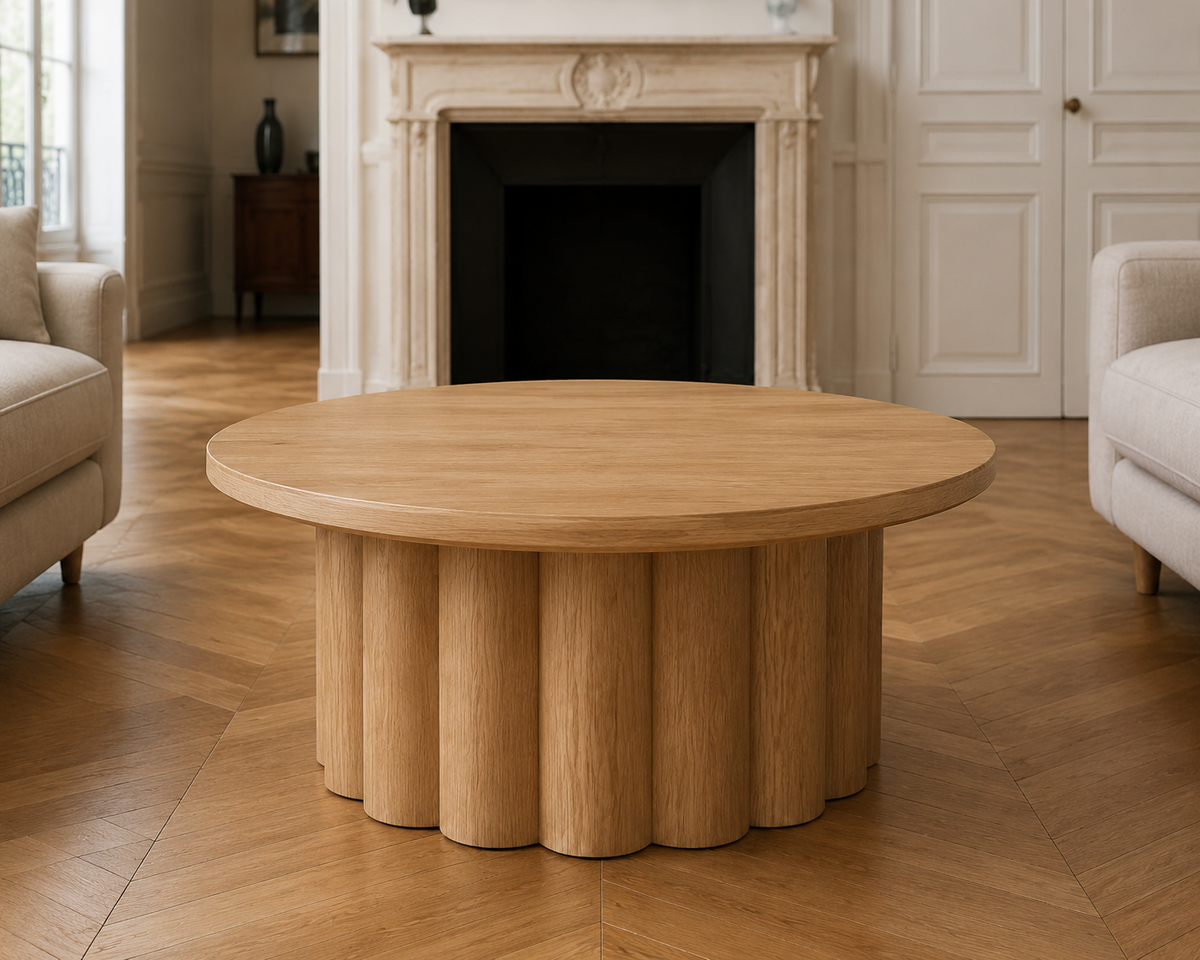 Paris natural oak round coffee table with sculptural clustered column base
