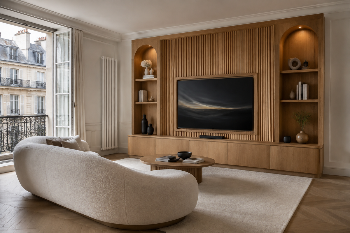 Paris fluted oak media wall with display niches
