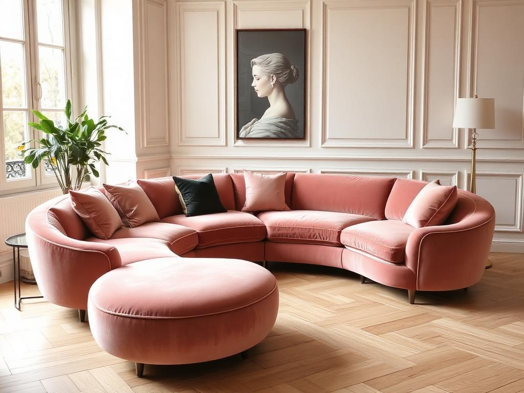 Paris rose curved sectional sofa with ottoman