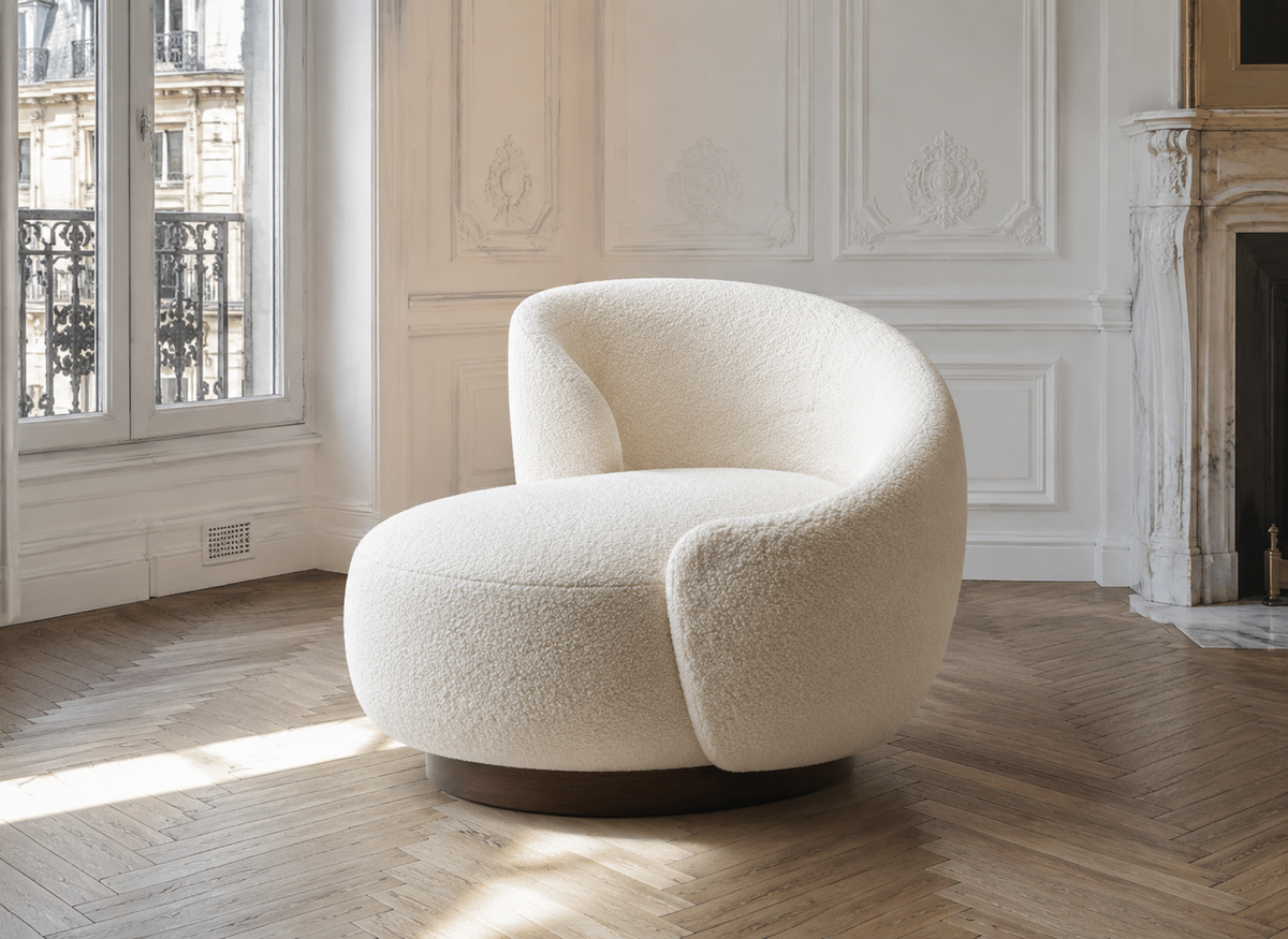 Paris sculpted ivory boucle armchair with rounded asymmetric arms