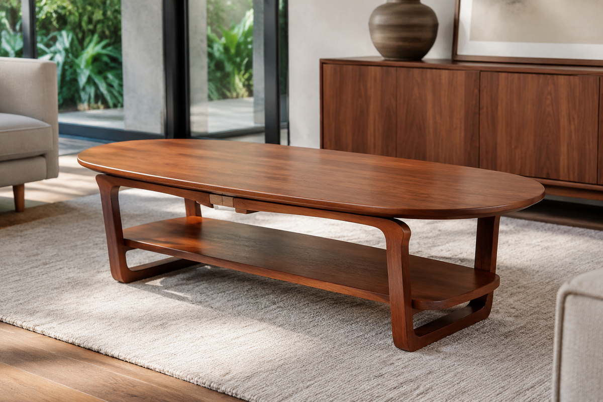 Rio walnut oval coffee table with curved frame and open lower shelf