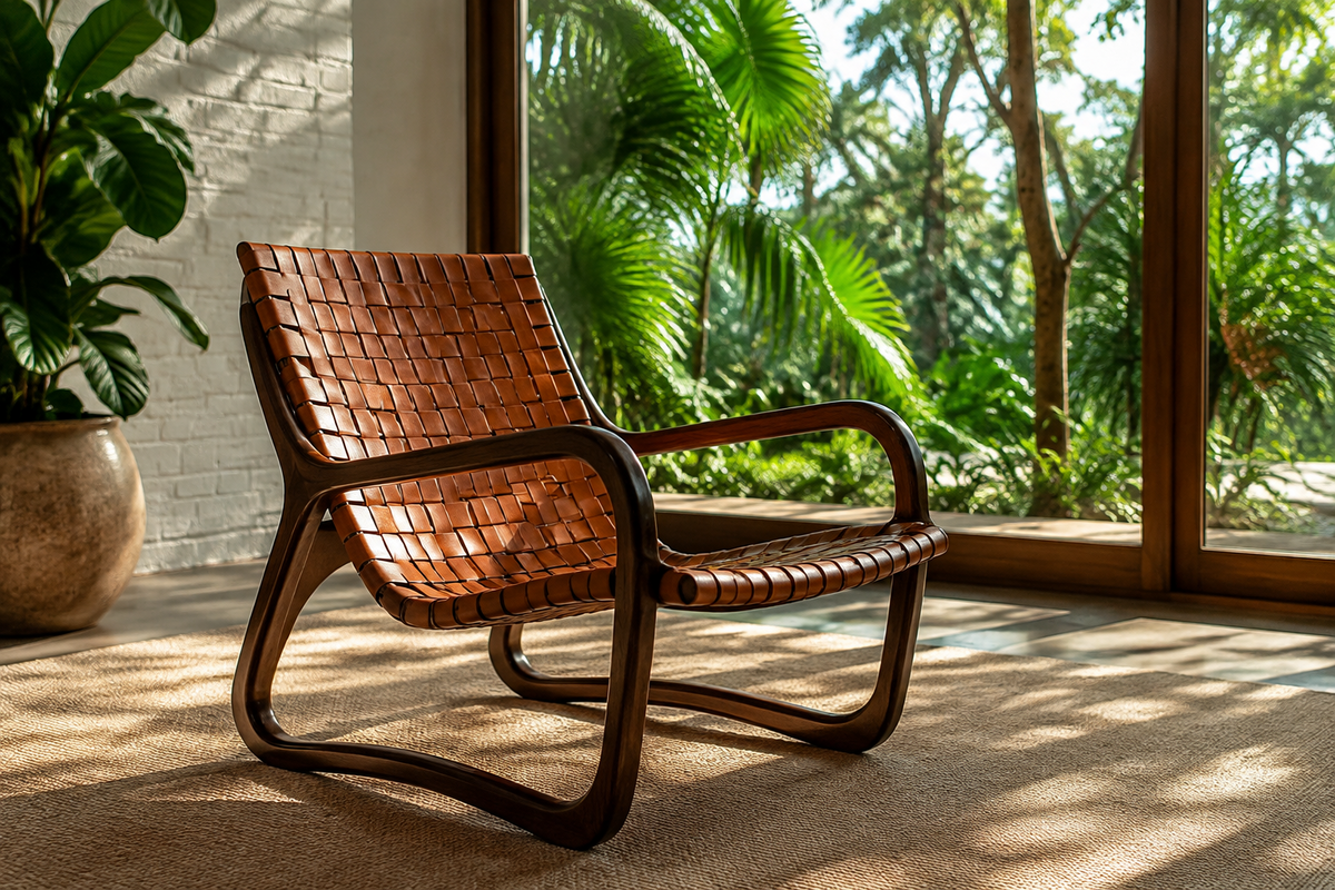 Rio cognac woven leather sling chair with curved dark timber frame