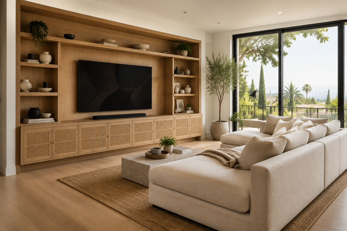 Riviera light oak and cane media wall