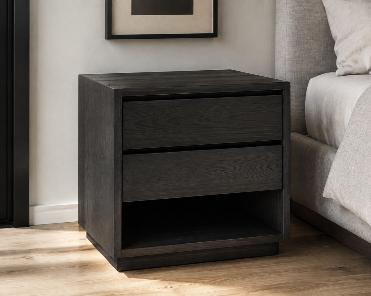 Soho charcoal oak side table with two handleless drawers and open lower shelf