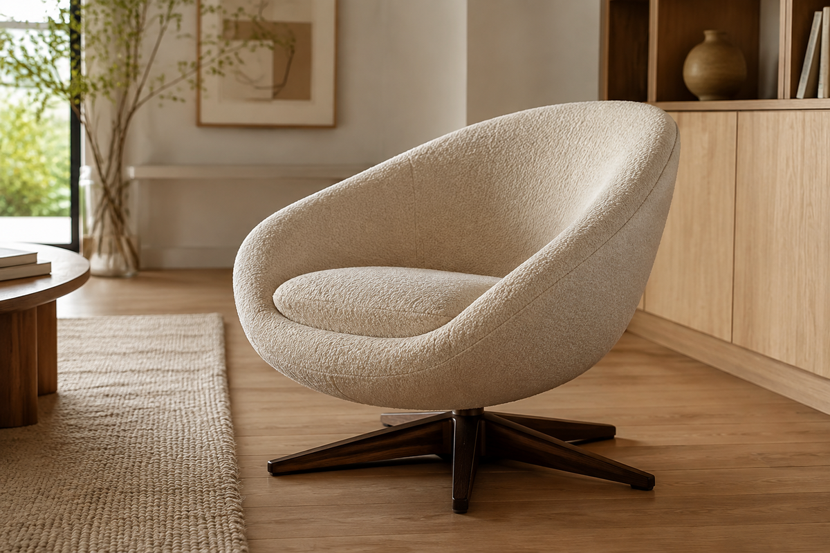 Stockholm ivory boucle swivel lounge chair with walnut star base