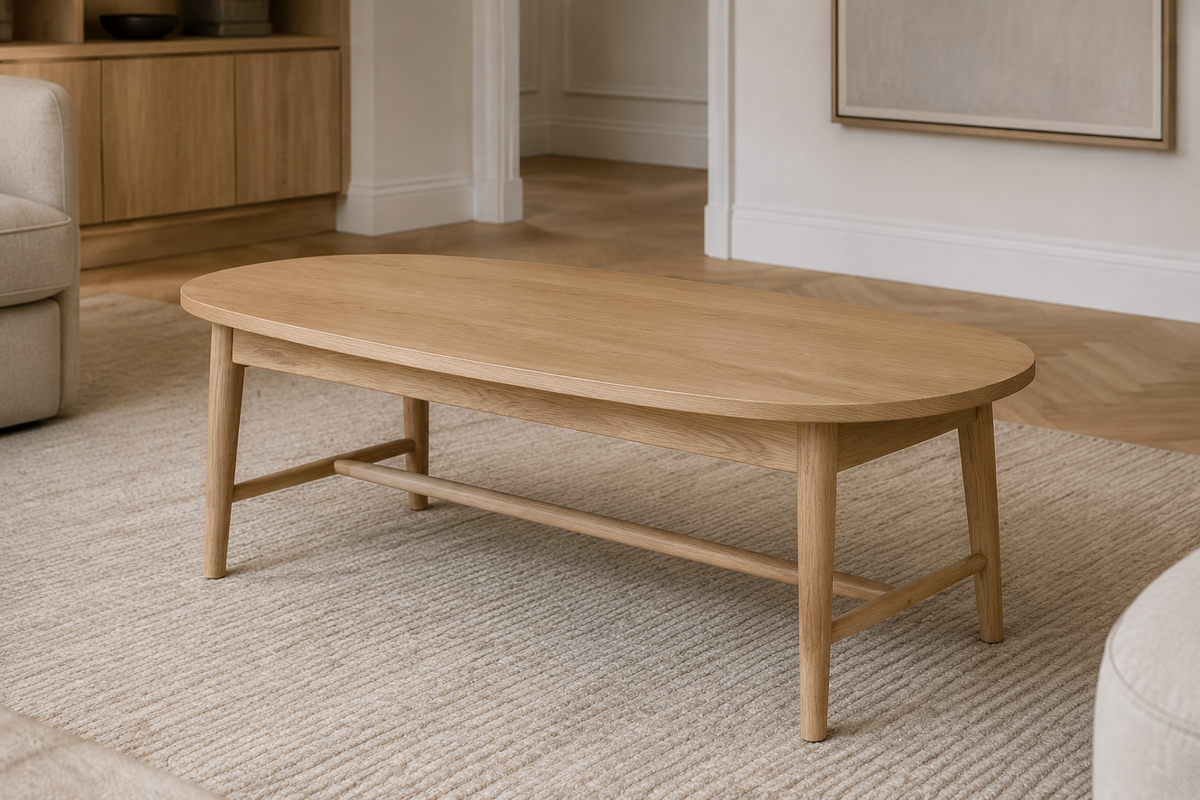 Stockholm light oak oval coffee table with slim legs and stretcher frame