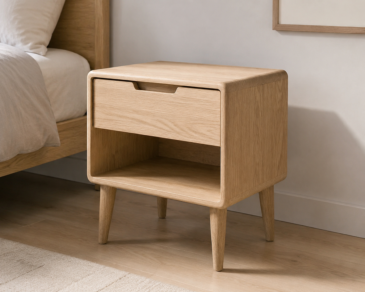 Stockholm light oak rounded side table with drawer open cubby and tapered legs