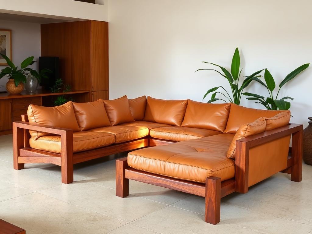 Teak cognac leather frame sectional sofa