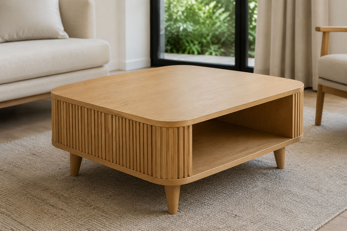 Valencia light oak square coffee table with rounded corners fluted sides and open shelf