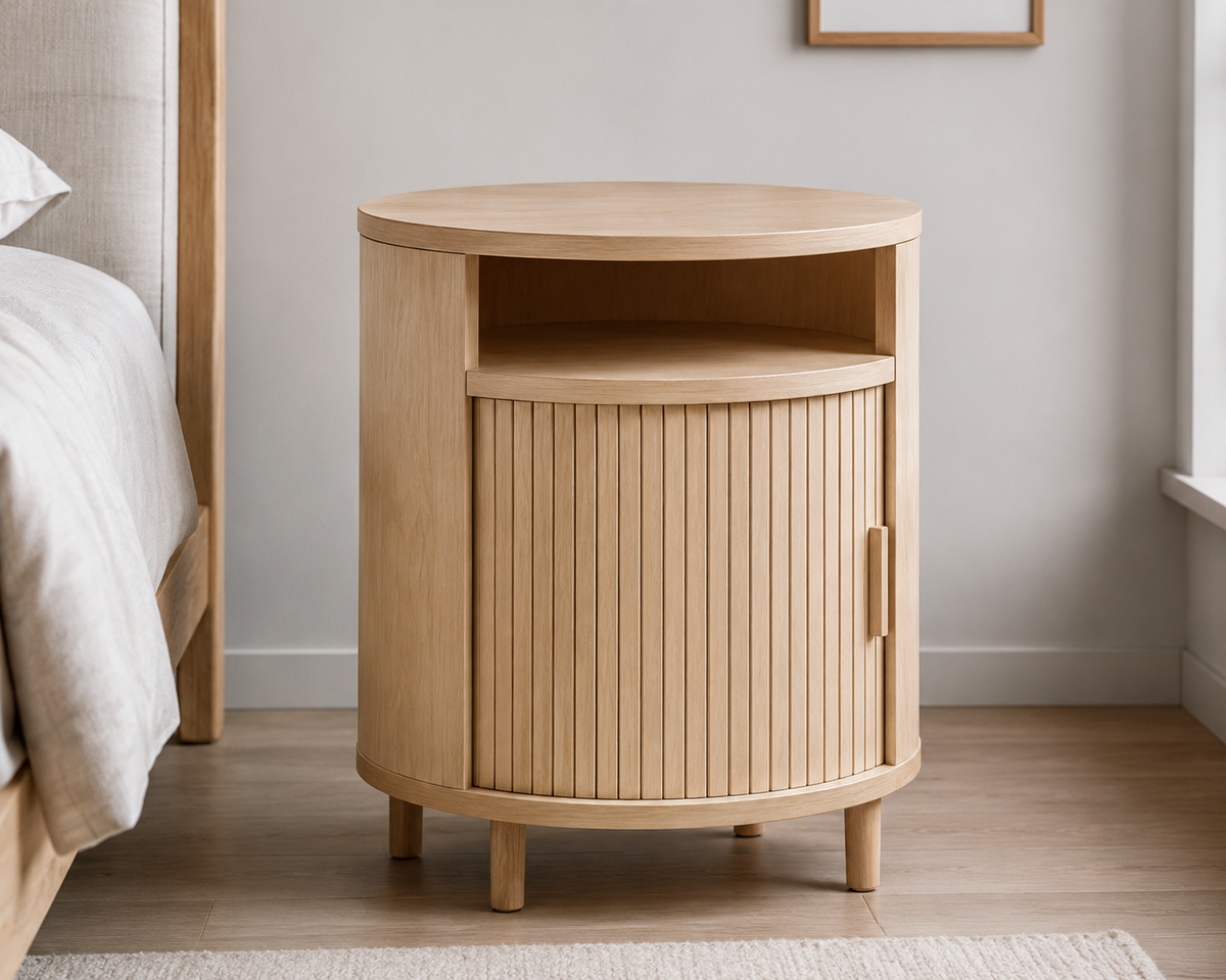 Valencia light oak round side table with open shelf and fluted tambour door