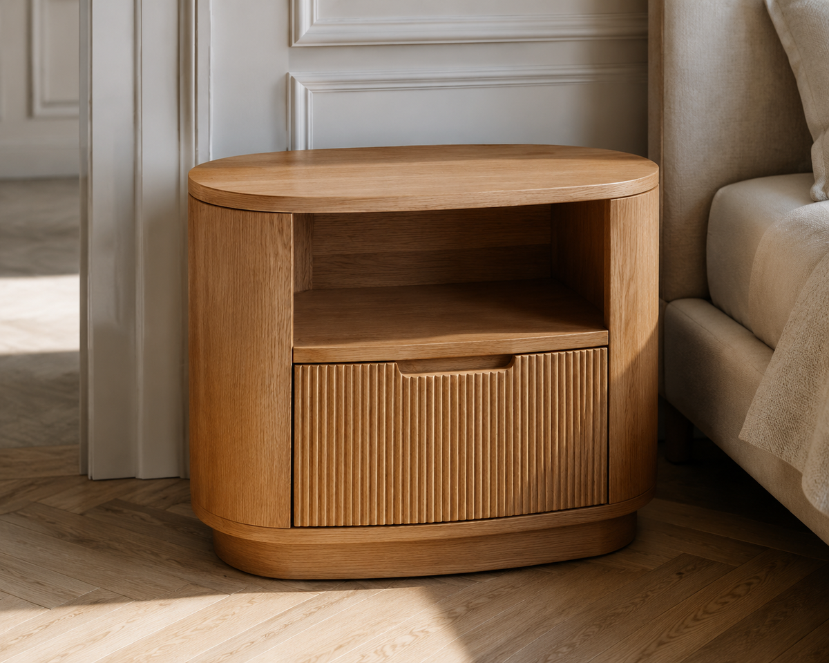 Verona oval oak side table with open shelf and fluted storage drawer