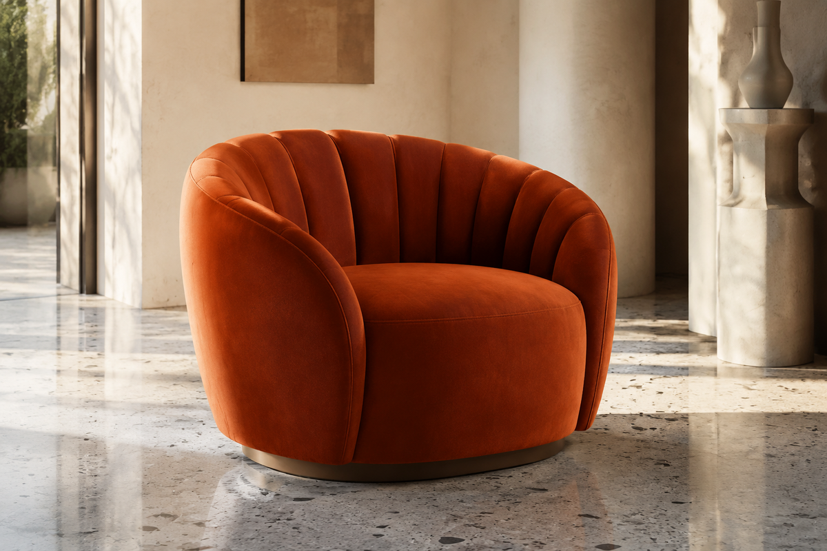 Verona rust velvet channelled barrel chair with circular metal base