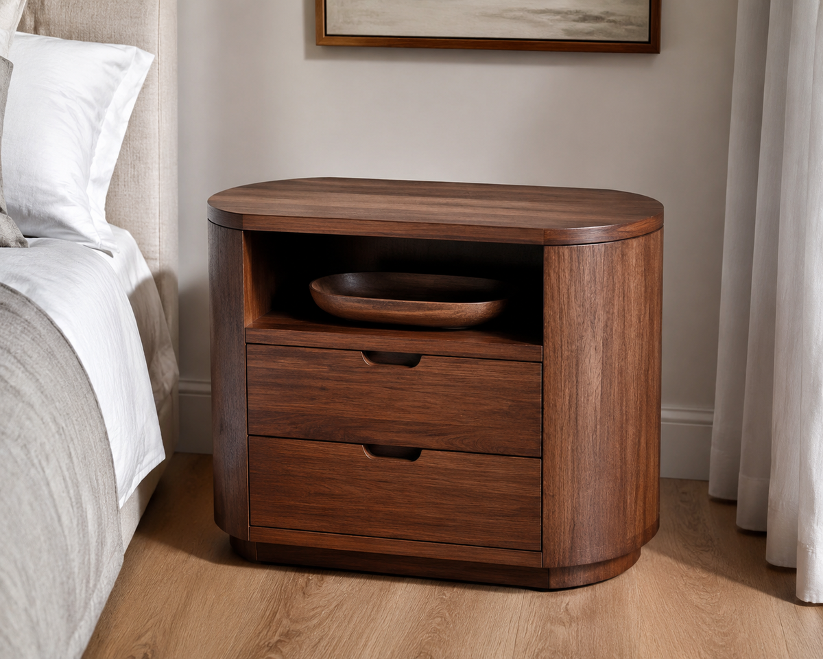 Vienna walnut oval side table with open shelf and two drawers