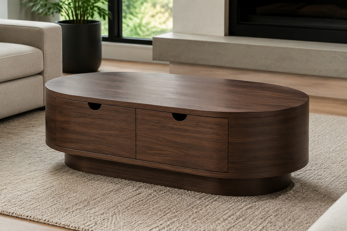 Vienna walnut oval coffee table with three concealed storage compartments